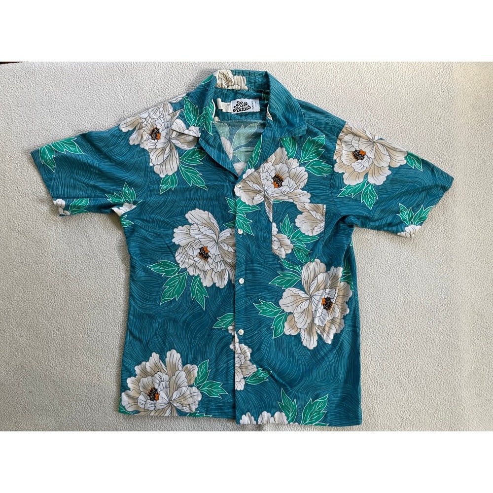 80s Made in USA Vtg Hilo Hattie Mens Medium Button Down Shirt Teal Floral Peony